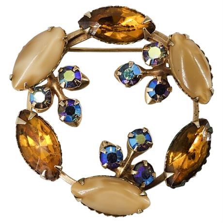 Vintage Prong Set AB Rhinestone & Navette Circle Brooch