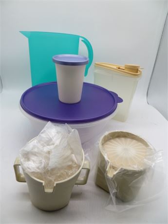 NEW VINTAGE TUPPERWARE AQUA PITCHER, LARGE RECTANGLE CEREAL, LARGE ROUND BOWL