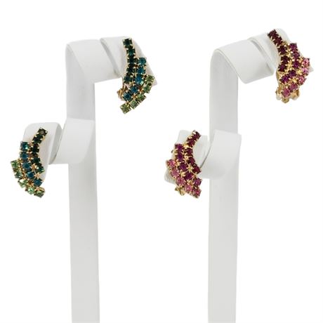 Two Pairs Vintage Rhinestone Colorful Stripes Clip Earrings
