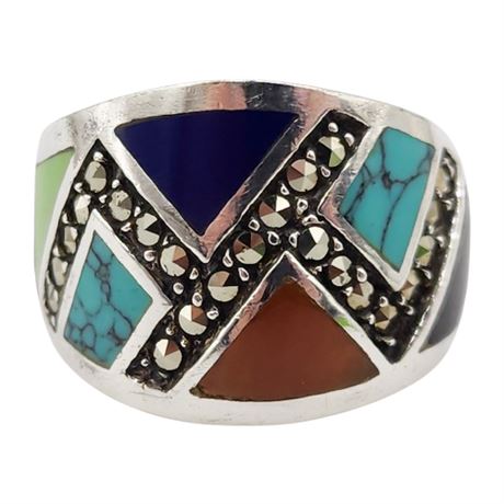 Signed MARSALA Sterling Silver Marcasite & Multi Stone Inlay Ring, Sz 7.75