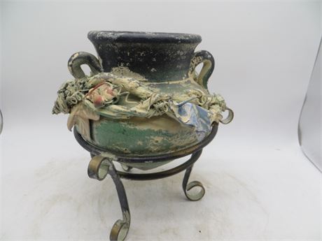 Decorative Ceramic Vase w/Sculpted Floral & Fruit Design on Metal Stand