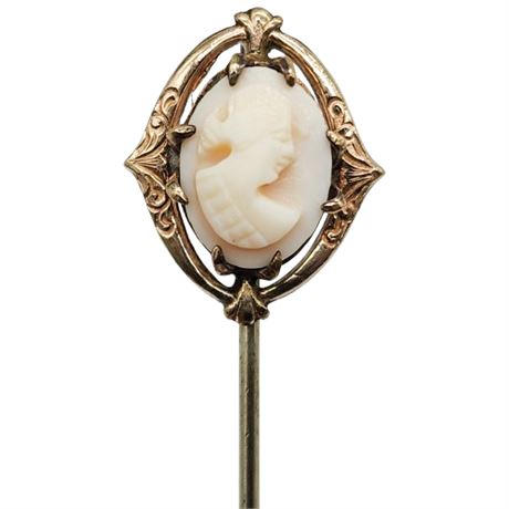 Vintage Gold Filled Hand Carved Angelskin Shell Cameo Stick Pin