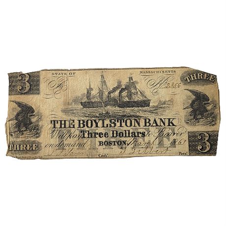 1861 Boylston Bank Boston $3 State Bank Note