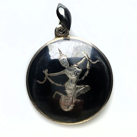 Vintage Siam Niello Enamel Thai Goddess Sterling Silver Round Pendant