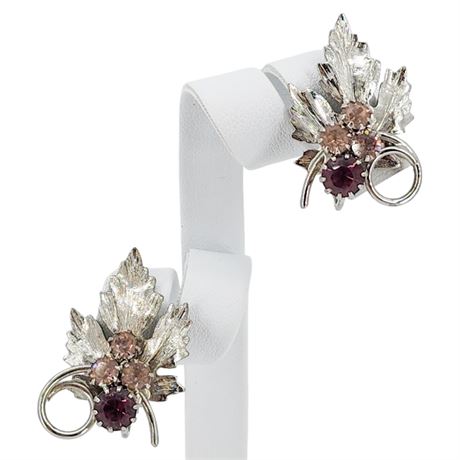 Vtg PARK LANE Prong Set Rhinestone Leaf Clip Earrings