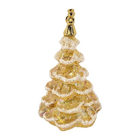 Fenton Amber Iridescent Flocked Christmas Tree w/ Golden Angel