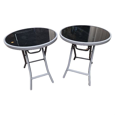 Pair Black Glass Top Folding Outdoor Side Tables