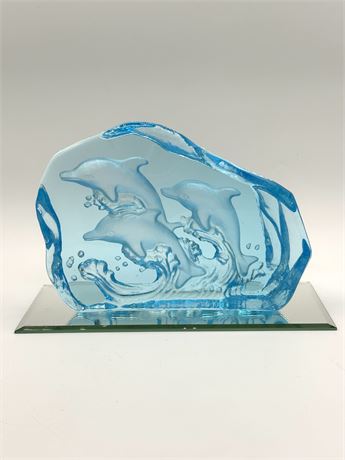 Etched Aquamarine Dolphin Glass Sculpture