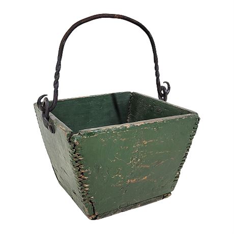 Antique Primitive Wooden Grain Bucket w/ Forged Iron Handle