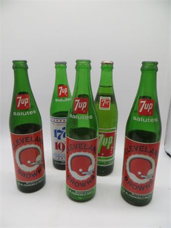 3 Cleveland Browns & 2 Others 7 UP Commemorative Bottles 1 Full