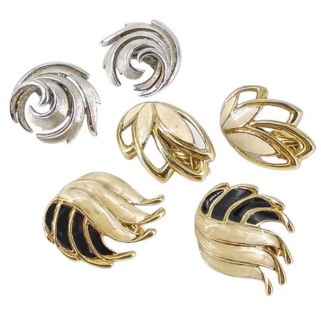 Signed Trifari Clip-On Earring Lot – Gold Tone Enamel Leaves & Silver Swirl