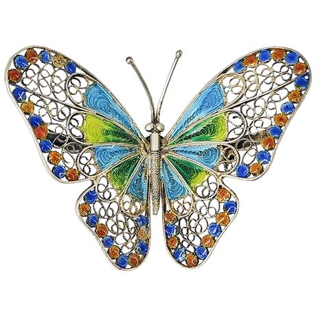 Vintage 800 Silver Enamel Butterfly Brooch
