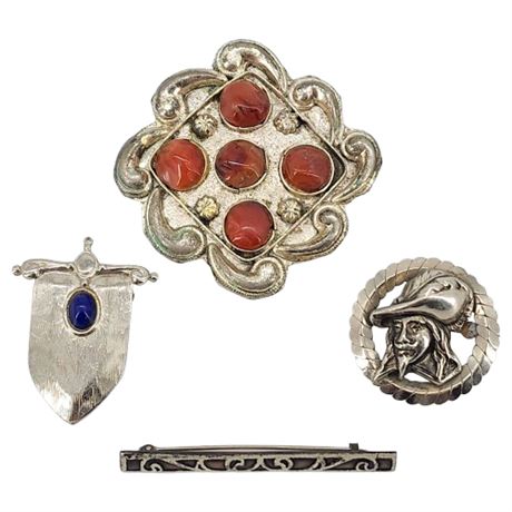 Four Vintage Silver Tone Brooches