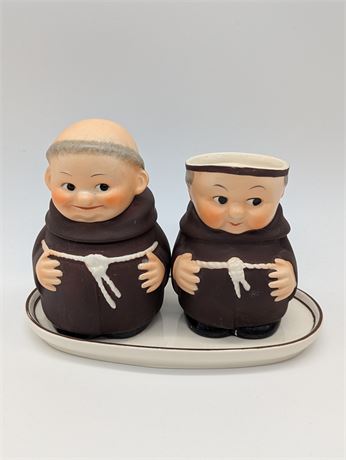 Vintage Goebel Hummel Friar Tuck Monks Sugar Bowl Creamer Tray Set West Germany