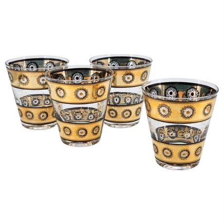 Mid-Century Culver Gold Gilt Medallions Double Rocks Glasses, Set of 4