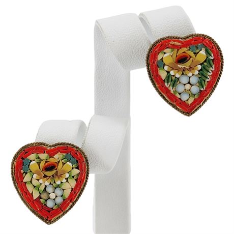 Vintage Italian Micro Mosaic Floral Heart Clip Earrings
