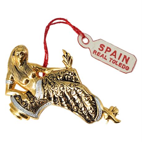 Vintage Spanish Damascene Style Enamel Lady Brooch