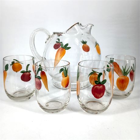 1950s Vintage Molded Glass Hand Painted Juice Glasses and Pitcher