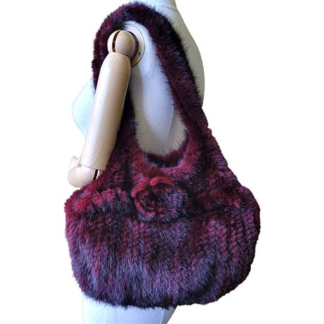 Winter Fur Burgundy Knitted Mink Purse w/ Flower Design