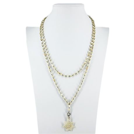 Vintage Carved Mother of Pearl Star Pendant & Bead Necklace