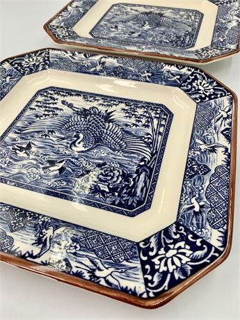 Pair 8 1/2” Blue & White Porcelain Heron Octagon Plates, Japan