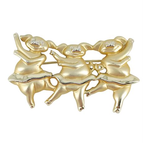 Vintage Three Little Pigs Brooch, Gold Tone
