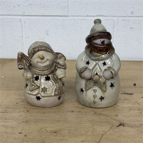 Glazed Ceramic Snowman Candle Holders
