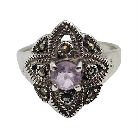 Sterling Silver Amethyst & Marcasite Ring, Size 8