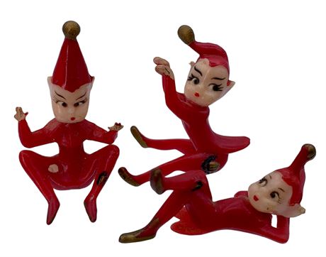 Trio 1950s Miniature Mischievous 2” Hard Plastic Elves