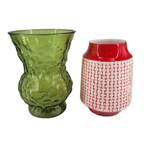 FTD Red & White Vase / Green Glass Vase