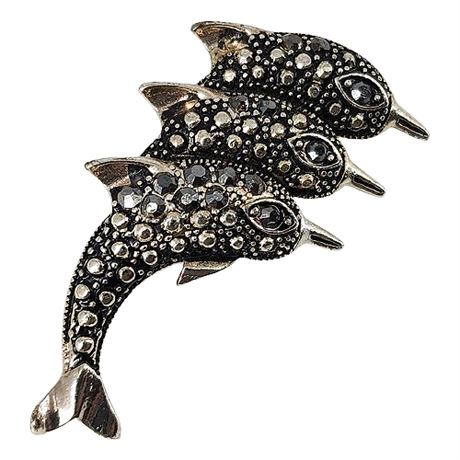 Vintage Faux Marcasite Dolphins Brooch