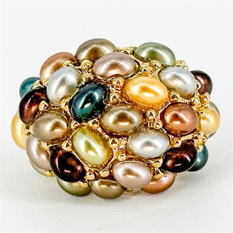 Vintage Gold Tone and Multicolor Faux Pearl Ring