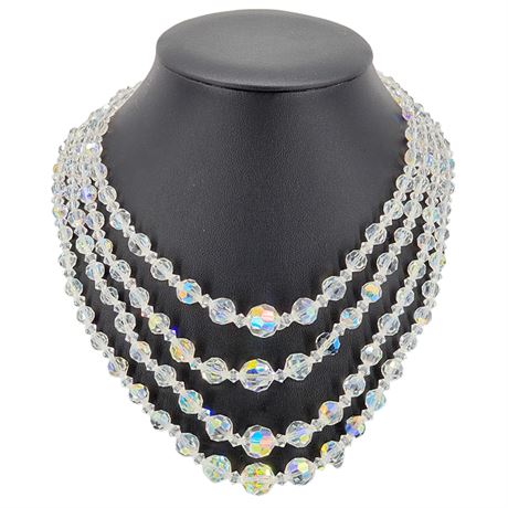 Vtg 4-Strand Faceted Aurora Borealis Crystal Bead Necklace