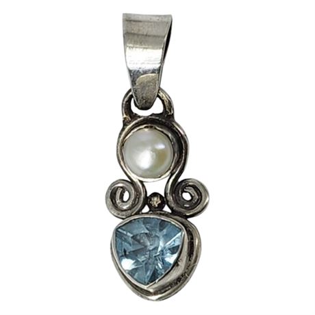 Signed SAJEN Sterling Silver, Blue Topaz & Freshwater Pearl Pendant