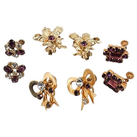 Four Pairs Vintage Gold Tone Purple Rhinestone Clip Earrings
