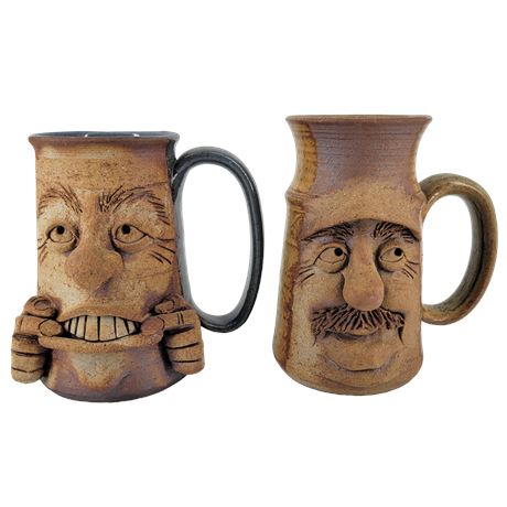 Signed Folk Art Pottery Mugs w/ 3D Faces
