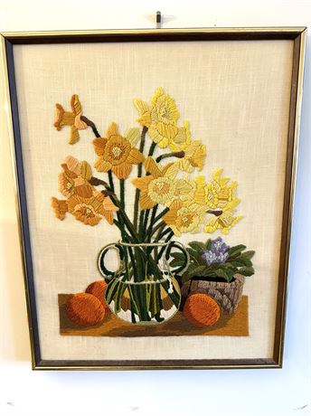 Vintage Embroidered Daffodils in Frame