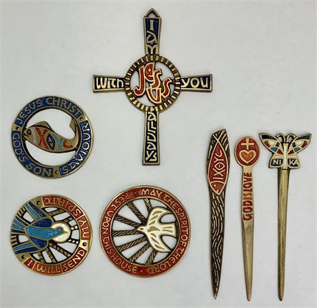 7 pc Brass Enamel Religious Medallions & Cross: Terra Sancta Guild Israel