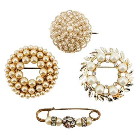 Four Vtg Faux & Freshwater Pearl Brooches