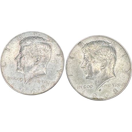 Two (2) 40% Silver 1968 D Kennedy Half Dollars