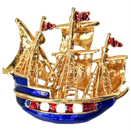 Signed Vintage Enameled Tall Ship Brooch