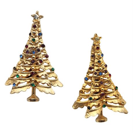 Pair Rhinestone Christmas Tree Brooches