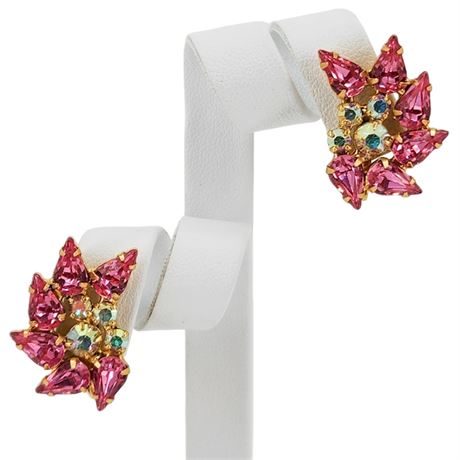 Vintage B.DAVID Prong Set Pink & Aurora Borealis Rhinestone Clip Earrings