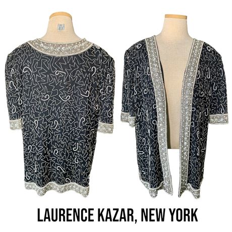 1980s Designer Laurence Kazar Glass Bead & Pearl Encrusted Silk Jacket