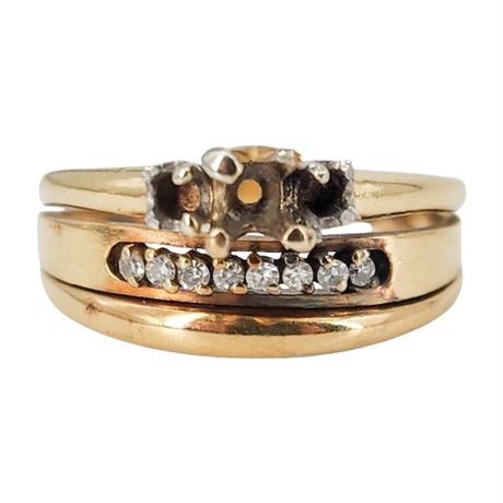 Vintage TW 14K Gold & Diamond Triple Ring, Sz 9, Flawed/Stones Removed