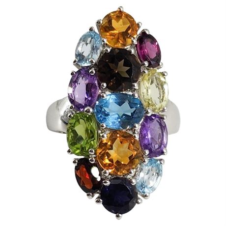Signed GIE Sterling Silver Multi-Gemstone Statement Ring, Sz 9