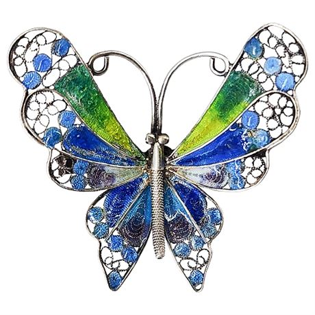 Vintage Alioto Adriana Italian 800 Silver Filigree & Enamel Butterfly Brooch