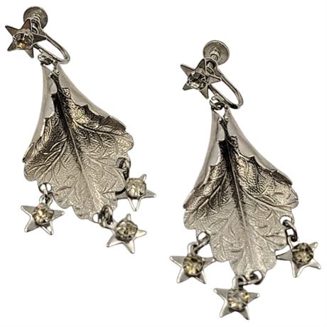 Silver Tone Leaf and Star Dangle Screw-Back Earrings
