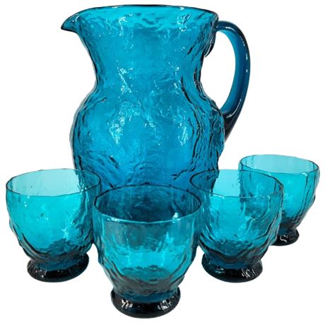 Vintage 5pc Morgantown Glass Peacock Blue Crinkle Glass Pitcher and Shorty Cups