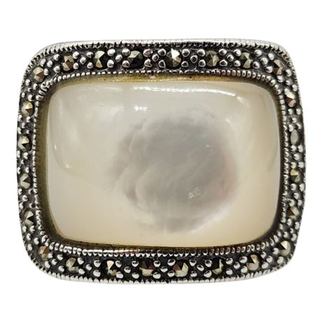 Chunky Sterling Silver Marcasite & Mother of Pearl Ring, Sz 7.5